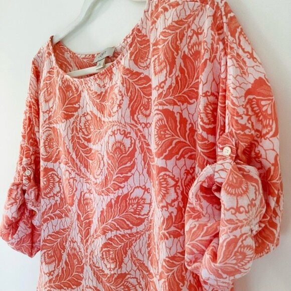 LOFT Coral & White Acanthus Pattern Blouse Cotton Lightweight Roomy Size M - Picture 7 of 10